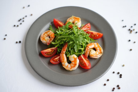 A vibrant plate showcases a delicious salad featuring shrimp, tomatoes, and fresh arugula, perfect for a healthy meal.の写真素材