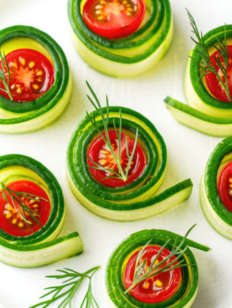 Fresh and colorful cucumber and tomato appetizers arranged on a white surface, garnished with dill.の写真素材