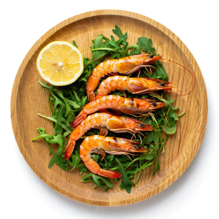 A top-down view of a wooden plate with cooked prawns, lemon slice, and fresh arugula leaves, all on a white background.の写真素材