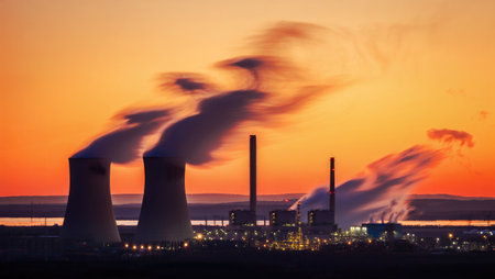 An industrial power plant releases emissions into the sky, seen against a fiery sunset backdrop,...