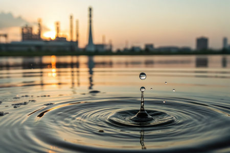 A captivating shot of water droplets creating ripples, with industrial structures silhouetted in the...