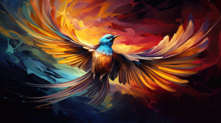 Abstract bird of paradise in pop art style isolated on a black backgroundの写真素材