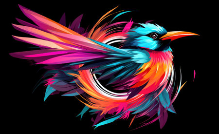 Abstract bird of paradise in pop art style isolated on a black backgroundの写真素材