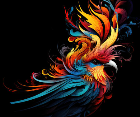 Abstract bird of paradise in pop art style isolated on a black backgroundの写真素材