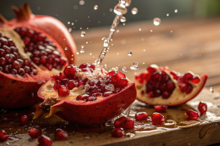 Close-up shot of a fresh pomegranate being washed, capturing the vibrant red seeds and water droplets.の写真素材