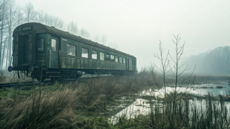 An abandoned, weathered green train car sits by a foggy marsh, evoking a sense of mystery and desolation in a serene landscape.の写真素材