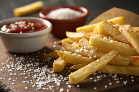 A close-up shot of golden french fries sprinkled with salt, served with ketchup and more salt in small bowls.の写真素材