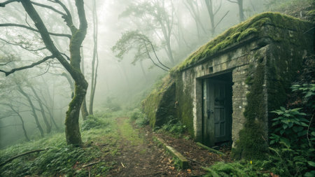 A mysterious, foggy forest scene featuring a stone building with an open doorway, overgrown with...