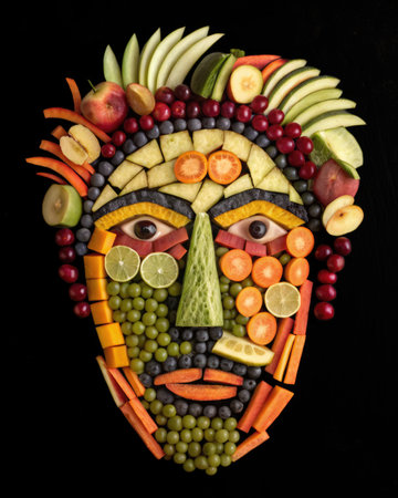 A creative face made entirely of fresh fruits and vegetables against a stark black background, showcasing healthy eating and art.の写真素材