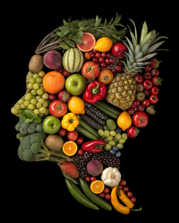 A vibrant composition of fruits and vegetables arranged in the shape of a human head, symbolizing healthy eating and nutrition.の写真素材