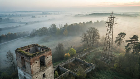 An aerial view of a misty landscape featuring an old tower, a power pylon, and trees.の写真素材