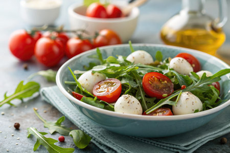 Close-up of a fresh Caprese salad with mozzarella, tomatoes, and arugula, a healthy and delicious meal.の写真素材