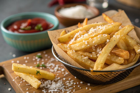 Close-up shot of delicious french fries sprinkled with salt, accompanied by ketchup in a teal bowl.