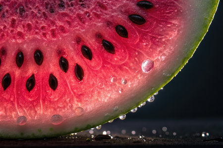 Close-up of a juicy watermelon slice with water droplets. Red fruit with black seeds and refreshing details.の写真素材