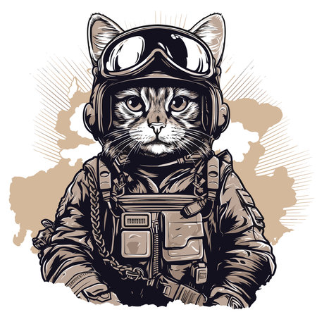 Cat in military headdress and military uniform isolated on white background in vector pop art style. Template for T-shirt, sticker, poster, etc.のイラスト素材