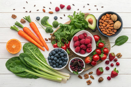 A vibrant still life of fresh, healthy food, including fruits, vegetables, and nuts, arranged on a white wooden surface.の写真素材