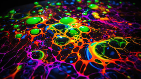 Abstract liquid background in electric neon colors. The colourful texture of the water surface.の写真素材