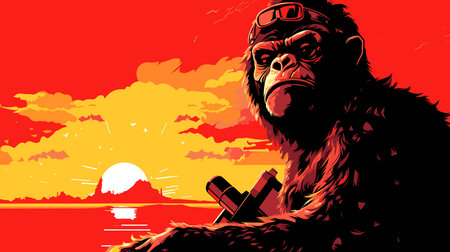 Chimpanzee in military camouflage with weapon in vector pop art style. Template for poster, t-shirt, sticker, etc.のイラスト素材
