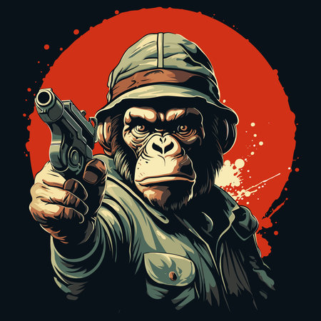 Chimpanzee in military camouflage with weapon in vector pop art style. Template for poster, t-shirt, sticker, etc.のイラスト素材