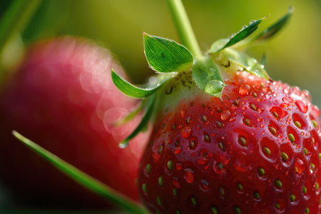 A vibrant close up captures ripe strawberries glistening with water droplets against a blurred...