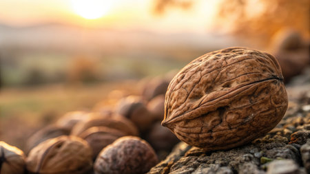 A close up view of walnuts, with a blurred background and warm light setting.の写真素材