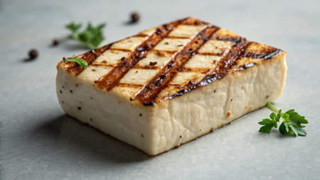 A delicious, grilled halloumi cheese, presented on a gray surface with garnishes and peppercorns. A close up captures the details.の写真素材