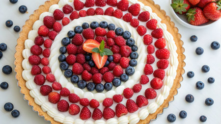 Delicious fruit tart with fresh raspberries, blueberries, and strawberries, decorated with cream.の写真素材