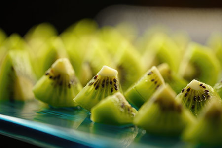 Delicious kiwi slices arranged on a blue plate, with a close up view of the fresh fruit.の写真素材
