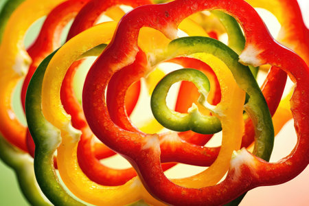 An artistic arrangement of sliced bell peppers in vibrant colors. A close up shot showcases their textures and shapes.の写真素材