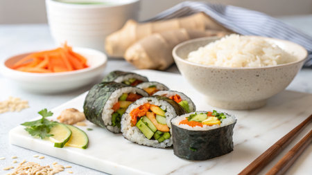 A delicious sushi roll with rice and vegetables, served with ginger, rice, and carrots, perfect for a healthy meal.の写真素材