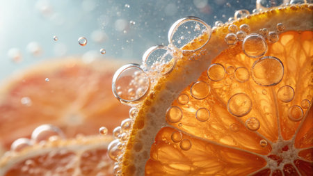 A vibrant close up of grapefruit slices submerged in water, with bubbles rising, creating a refreshing and appealing visual.の写真素材