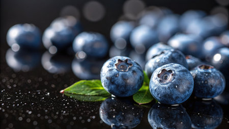 Delicious blueberries with water drops on a reflective black surface. Fresh and healthy food.の写真素材