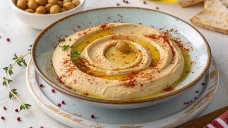 A delicious bowl of hummus is garnished with olive oil, paprika, and an olive, accompanied by chickpeas and pita bread.の写真素材