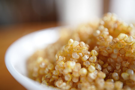 Close up of cooked quinoa in a white bowl, showcasing the texture and detail of the healthy grain, with soft lighting.の写真素材