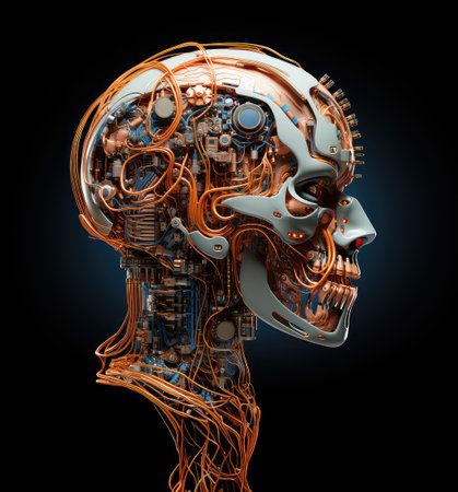 Science fiction concept of ai. Artificial brain as the most important element of the artificial intelligence system. Electronic chips and memory elements are integrated into the brain structure.の写真素材