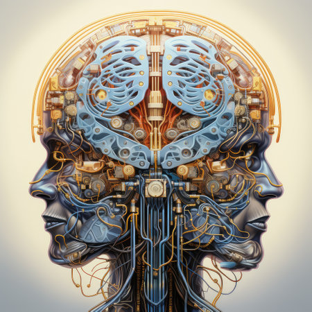 Science fiction concept of ai. Artificial brain as the most important element of the artificial intelligence system. Electronic chips and memory elements are integrated into the brain structure.の写真素材
