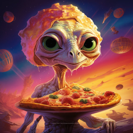 Cartoon alien with big eyes eats pizza. Cosmic delight unfolds as a pizza-loving alien savors a slice, its wide eyes gleaming with joy, in a celestial setting of stars and galaxies.の写真素材