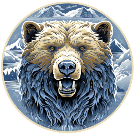 Illustration of a large bear against nature and mountains in a circular frame isolated on a white background. Template and design element for sticker, poster, t-shirt print, etc.の写真素材