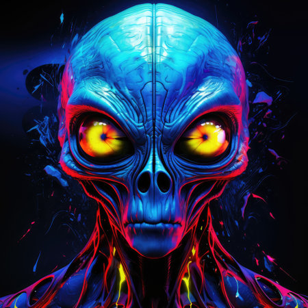 Colourful psychedelic portrait of an alien with big eyes. Illustration design. Template for t-shirt print, sticker, poster, etc.の写真素材