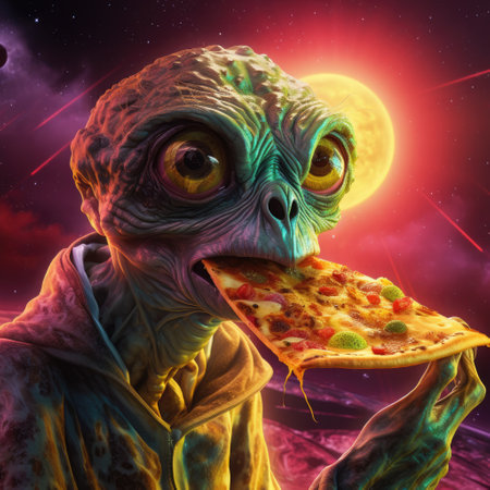 Cartoon alien with big eyes eats pizza. Cosmic delight unfolds as a pizza-loving alien savors a slice, its wide eyes gleaming with joy, in a celestial setting of stars and galaxies.の写真素材