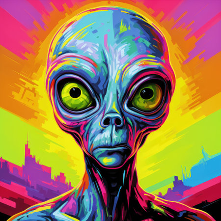 Portrait of a cartoon alien humanoid with big eyes on a colourful otherworldly background in...