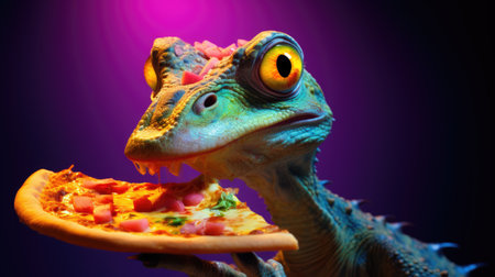 Cartoon alien with big eyes eats pizza. Cosmic delight unfolds as a pizza-loving alien savors a slice, its wide eyes gleaming with joy, in a celestial setting of stars and galaxies.の写真素材