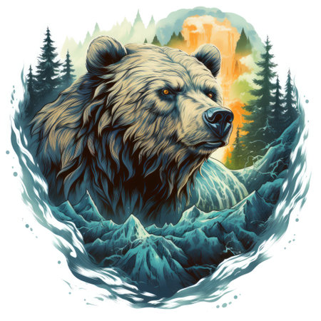 Illustration of a large bear against nature and mountains in a circular frame isolated on a white background. Template and design element for sticker, poster, t-shirt print, etc.の写真素材