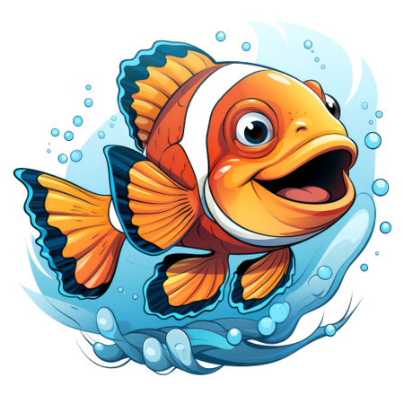 Happy and joyful clown fish in cartoon style on light background. Template for poster, t-shirt, sticker, etc.の写真素材