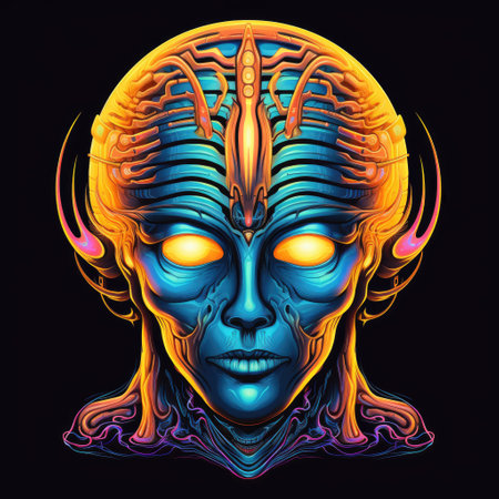 Colourful psychedelic portrait of an alien with big eyes. Illustration design. Template for t-shirt...