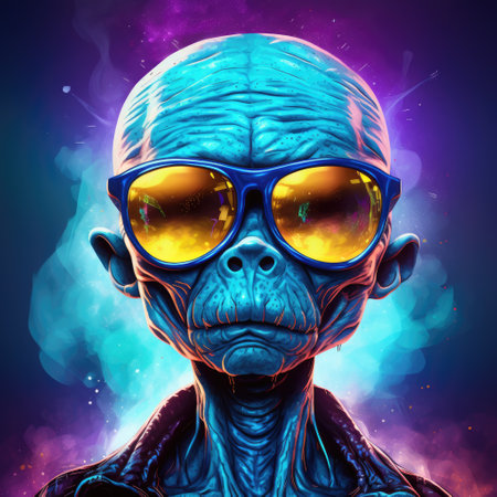 Colourful psychedelic portrait of an alien with glasses. Illustration design. Template for t-shirt...