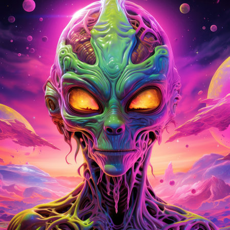 Portrait of a cartoon alien humanoid with big eyes on a colourful otherworldly background in...