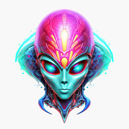 Colourful psychedelic portrait of an alien with big eyes. Illustration design. Template for t-shirt...