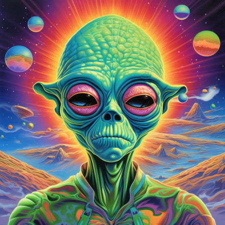 Portrait of a cartoon alien humanoid with big eyes on a colourful otherworldly background in psychedelic pop art style. Template for print, sticker, poster, etc.の写真素材