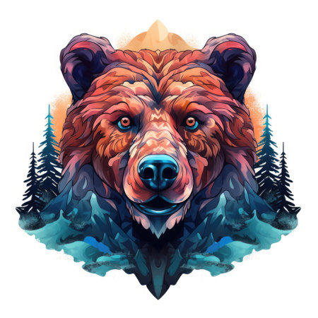 Illustration of a large bear against nature and mountains in a circular frame isolated on a white background. Template and design element for sticker, poster, t-shirt print, etc.の写真素材